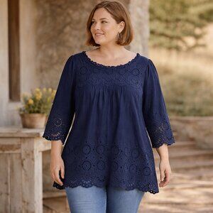 Talbots Navy Blue Eyelet Blouse/Shirt/Top Women's Plus Size 3X Boho Classic